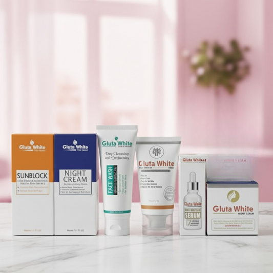 Gluta White 6 In 1 Skin Care Bundle – Complete Whitening And Brightening Set With Face Wash, Serum, Sunblock, Night Cream, And Moisturizer